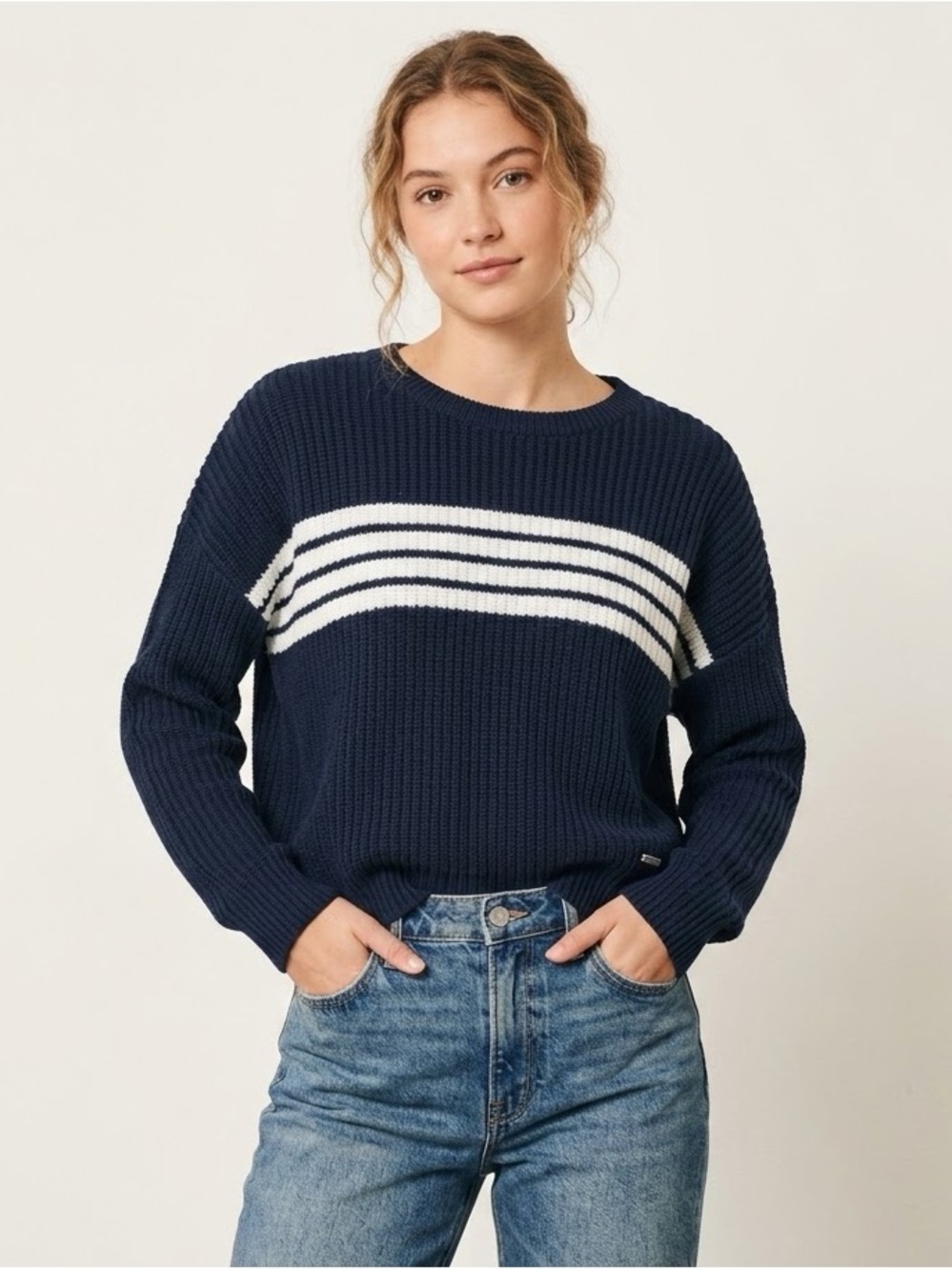 Hollister Chest Stripe Ribbed Knit Crewneck Pullover Sweater Casual Coastal